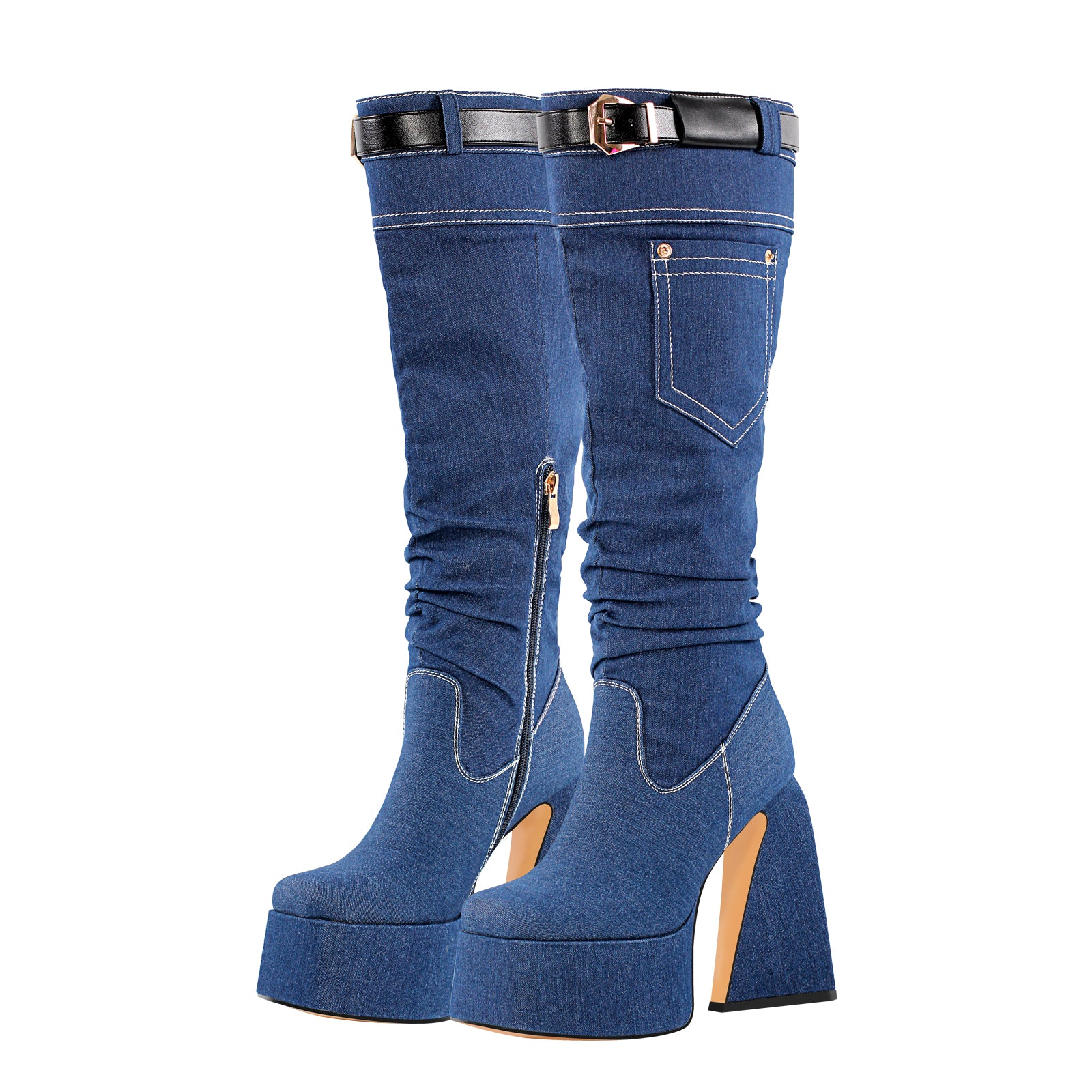 Denim Square Toe Chunky Heel Platform Boots Onlymaker 7486