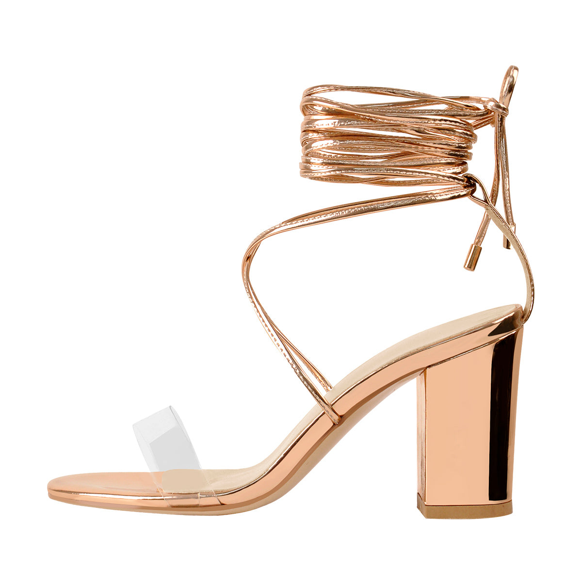 Women's Strappy Ankle High Heel Sandals Rose Gold Color 