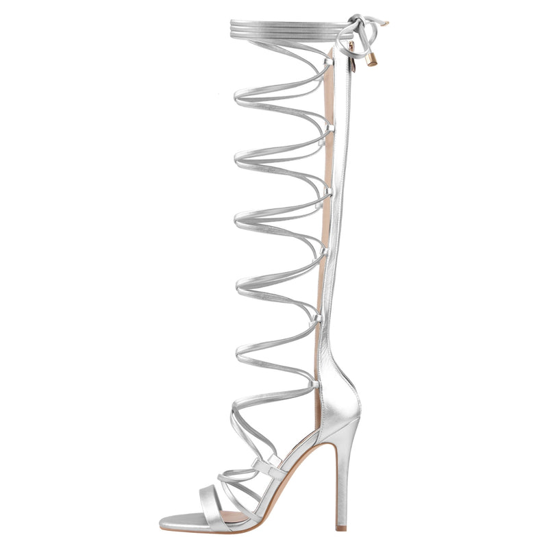 Lace-up Round Toe Strappy Zipper Stiletto Sandals