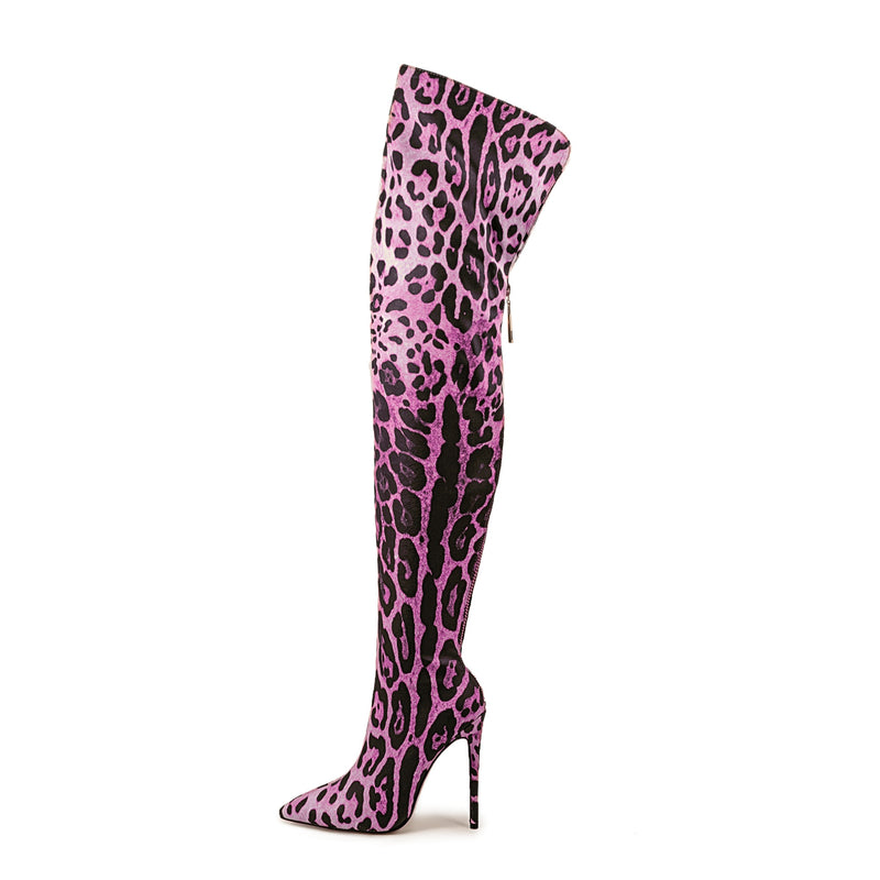 Leopard Pointed Toe Over The Knee Stiletto Boots