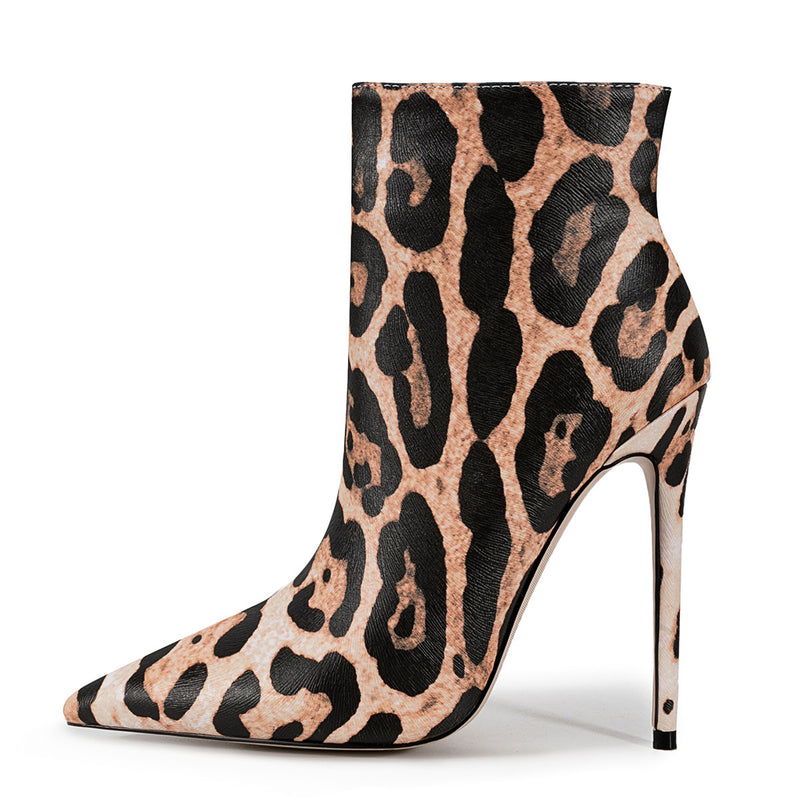 Pointed Toe Leopard High Heel Ankle Boots