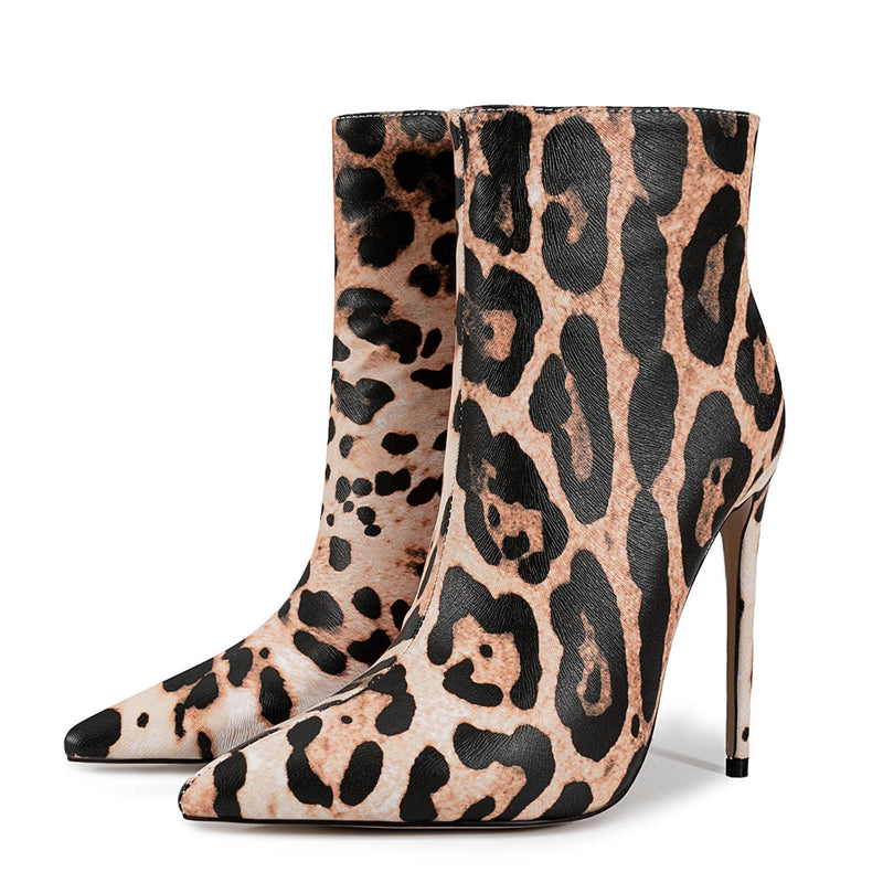 Pointed Toe Leopard High Heel Ankle Boots