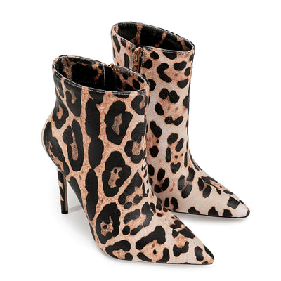 Pointed Toe Leopard High Heel Ankle Boots