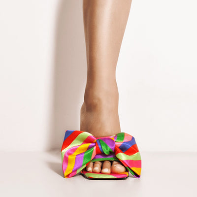 Colour Bow Leather Square Toe High Stiletto Heels Sandals