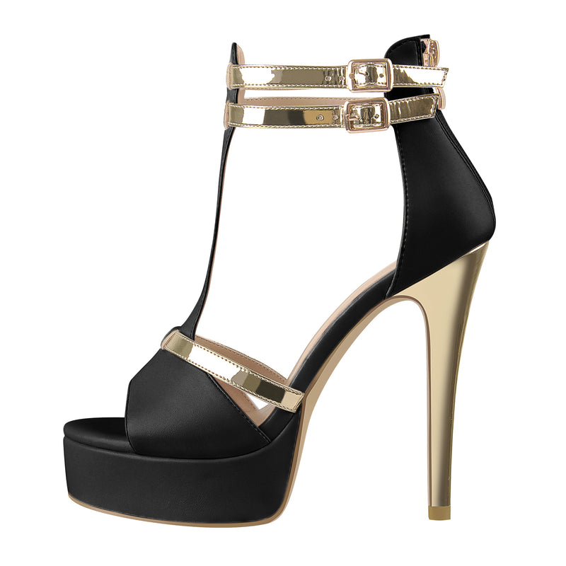 Gold T-Strap White Platform High Heel Sandals