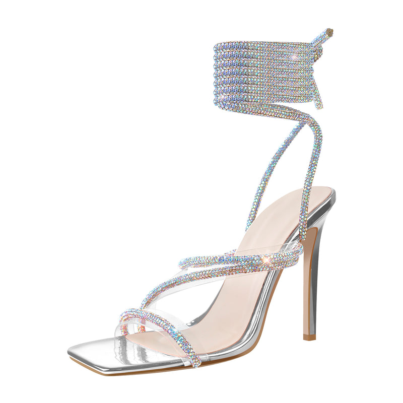 Rhinestone Straps Lace-up High Heel Sandals