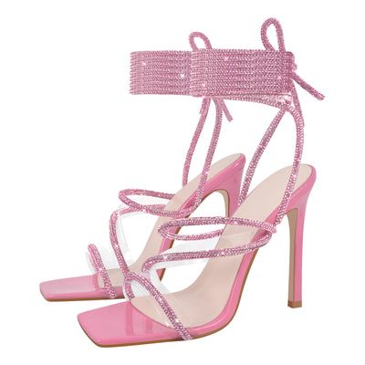 Rhinestone Straps Lace-up High Heel Sandals