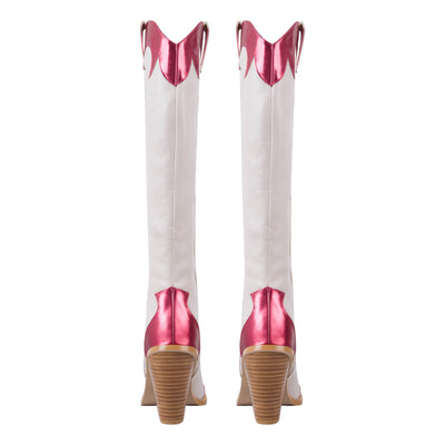 Pointed Toe Metallic Leather Trim Knee High Western Boots