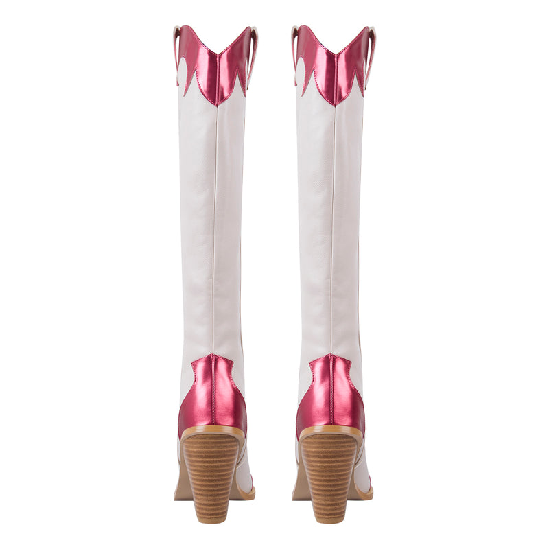 Pointed Toe Metallic Leather Trim Knee High Western Boots