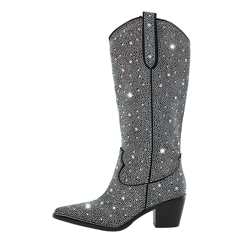 Rhinestone Pointed Toe Knee High Western Boots