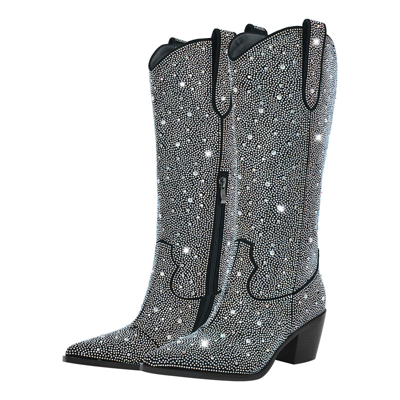 Rhinestone Pointed Toe Knee High Western Boots