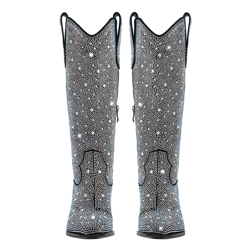 Rhinestone Pointed Toe Knee High Western Boots