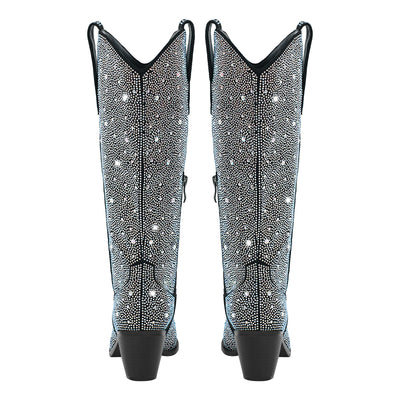 Rhinestone Pointed Toe Knee High Western Boots