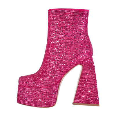 Rhinestone Square Toe Chunky Heel Platform Ankle Boots