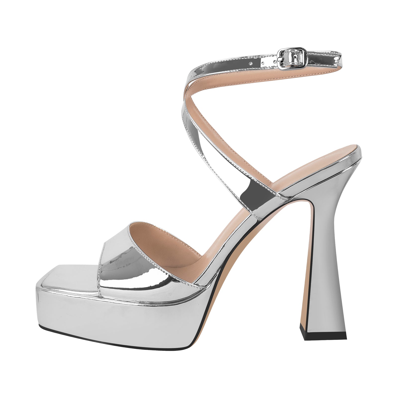 Square Toe Ankle Strap Silver Sandals – Onlymaker