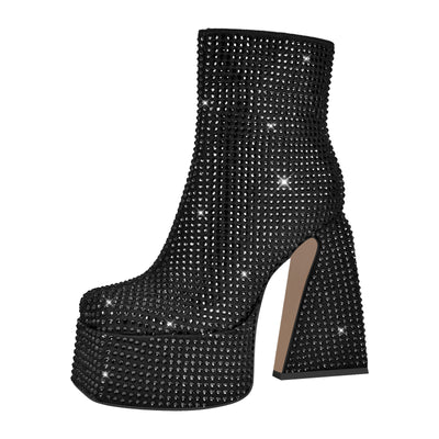 Rhinestone Square Toe Platform Chunky Heel Ankle Boots