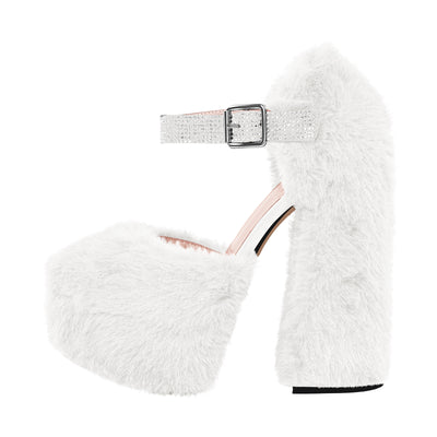 Chunky Heel Ankle Strap Fur Mary Jane Pumps