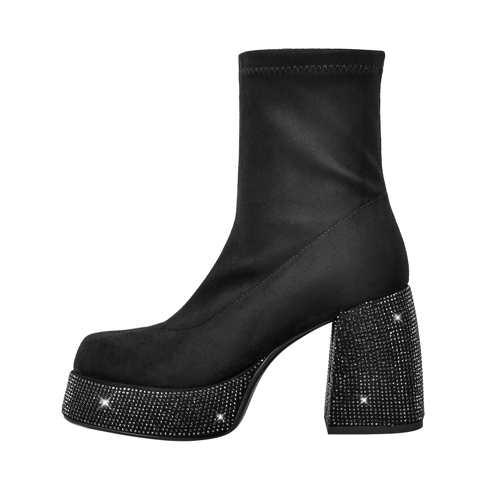 Black Round Toe Chunky Heel Rhinestone Ankle Boots – Onlymaker