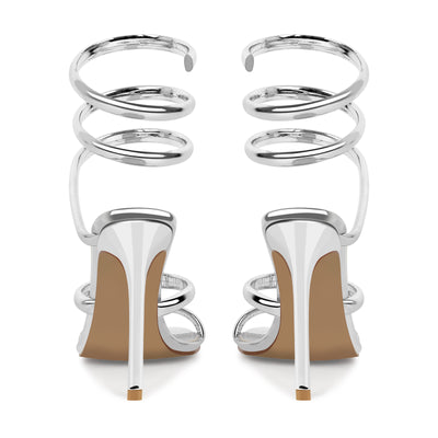 Silver Square Toe Strap Stiletto Sandals