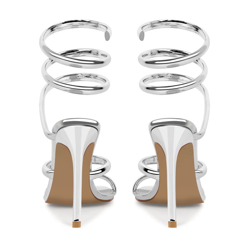 Silver Square Toe Strap Stiletto Sandals