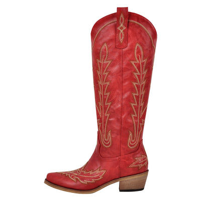 Embroidery Chunky Heel Knee High Western Boots