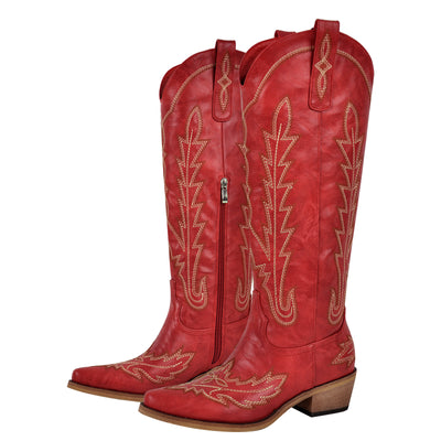 Embroidery Chunky Heel Knee High Western Boots