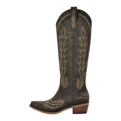 Embroidery Chunky Heel Knee High Western Boots