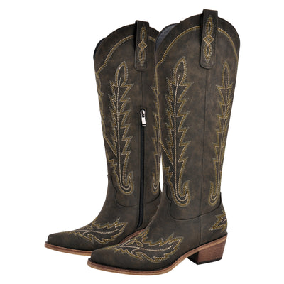 Embroidery Chunky Heel Knee High Western Boots