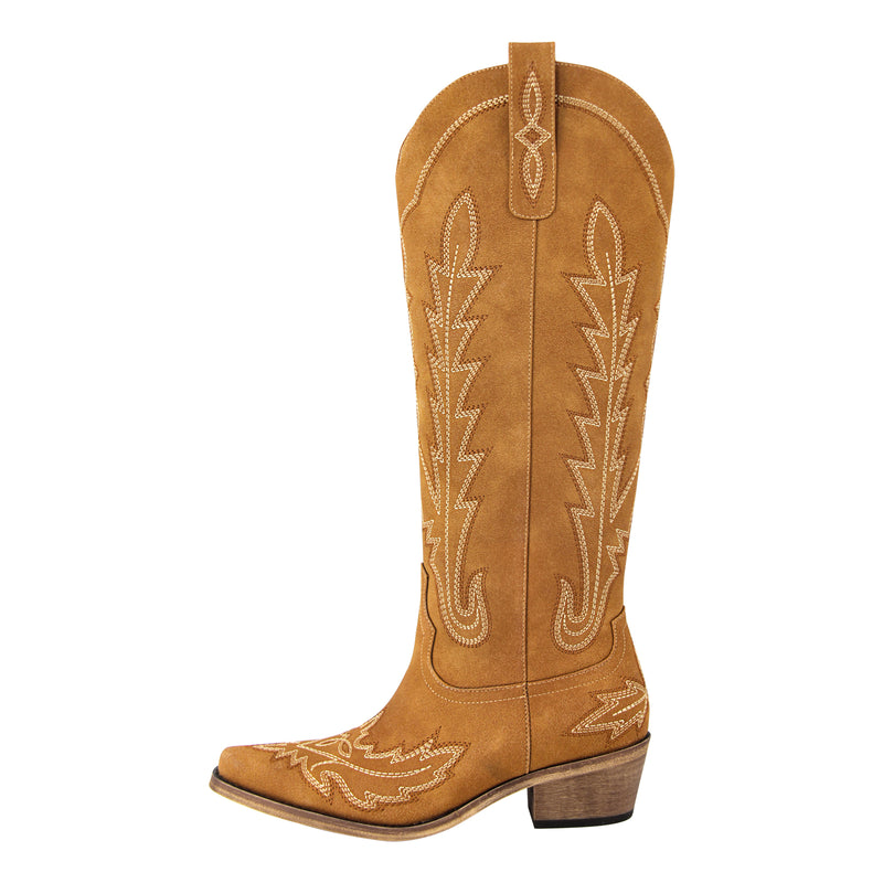 Embroidery Chunky Heel Knee High Western Boots