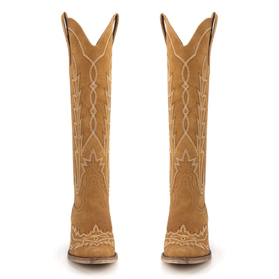 Embroidery Chunky Heel Knee High Western Boots