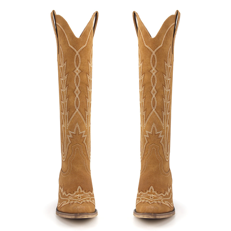 Embroidery Chunky Heel Knee High Western Boots