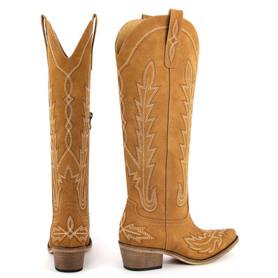 Embroidery Chunky Heel Knee High Western Boots