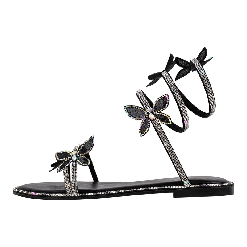 Butterfly Rhinestone Round Toe Strap Flat Sandals