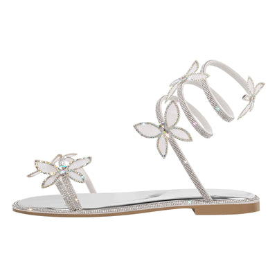 Butterfly Rhinestone Round Toe Strap Flat Sandals