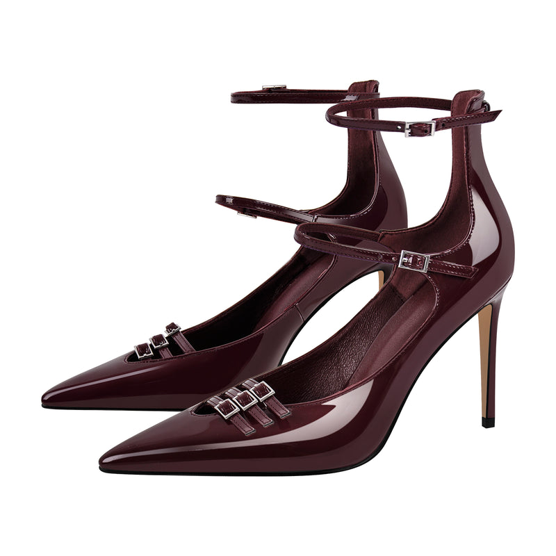 Pointed Toe Multi-Buckle Ankle Strap Stiletto Pumps