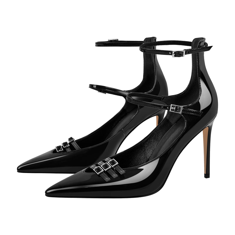 Pointed Toe Multi-Buckle Ankle Strap Stiletto Pumps