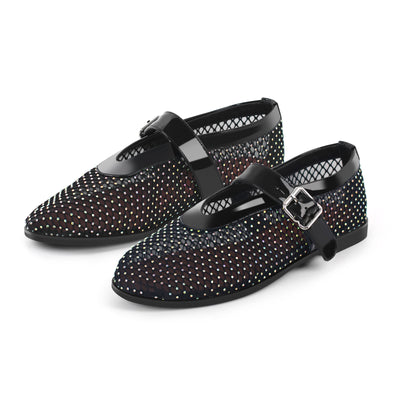 Black Mesh Rhinestone Bukle Strap Flats