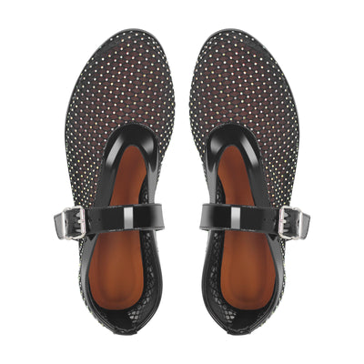 Black Mesh Rhinestone Bukle Strap Flats