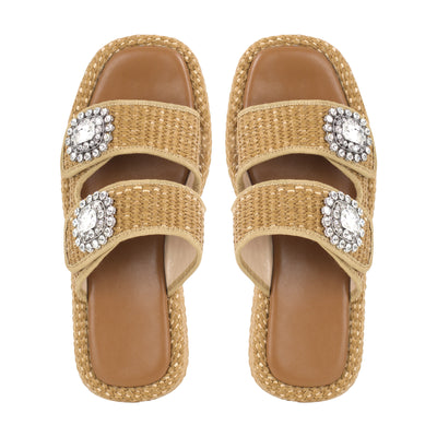 Rhinestone Square Toe Straw Platform Slippers