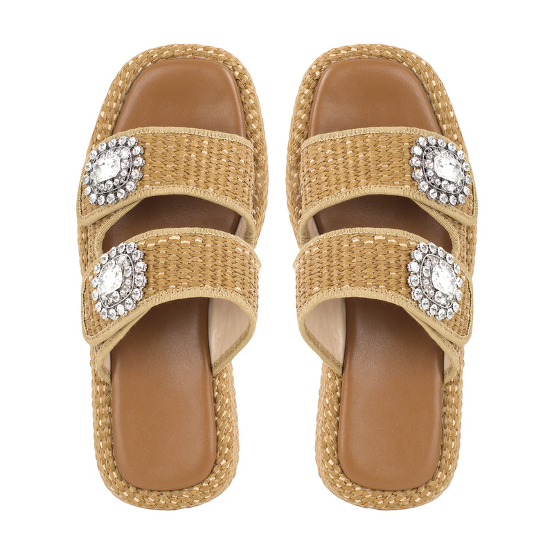 Rhinestone Square Toe Straw Platform Slippers