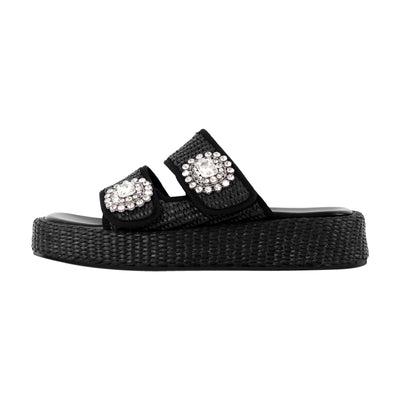 Rhinestone Square Toe Straw Platform Slippers