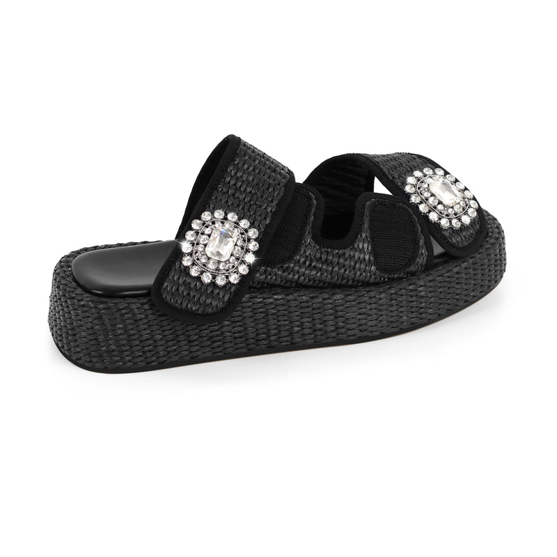 Rhinestone Square Toe Straw Platform Slippers