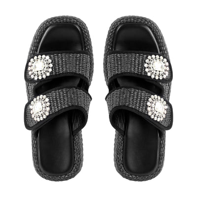 Rhinestone Square Toe Straw Platform Slippers