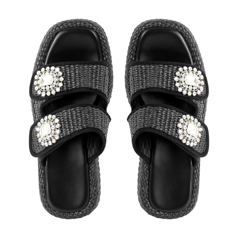 Rhinestone Square Toe Straw Platform Slippers