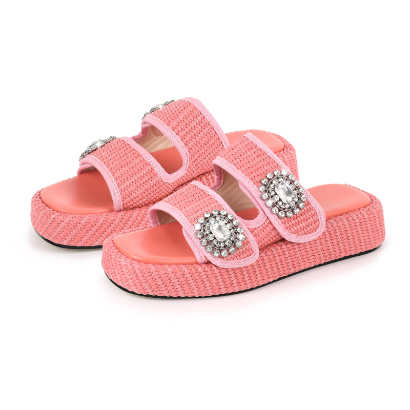 Rhinestone Square Toe Straw Platform Slippers