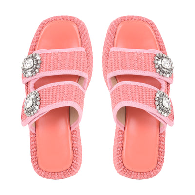 Rhinestone Square Toe Straw Platform Slippers