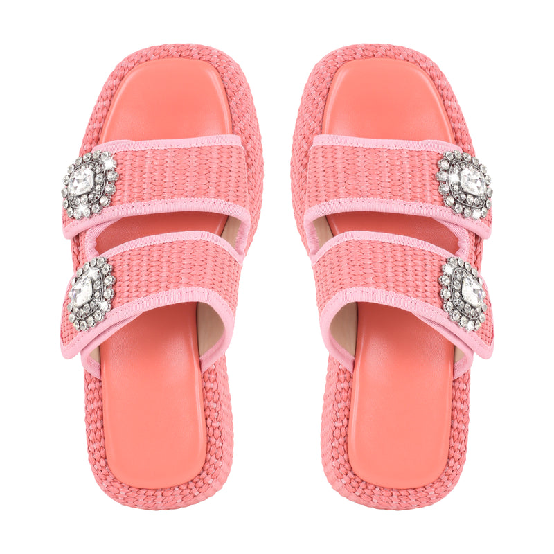 Rhinestone Square Toe Straw Platform Slippers