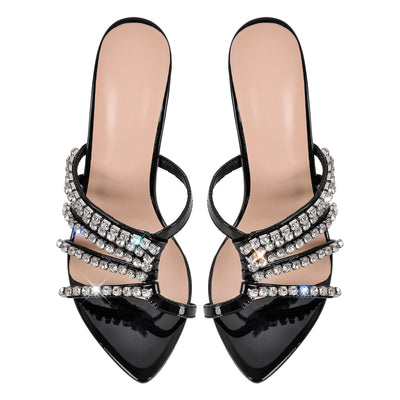 Rhinestone Pointed Toe Strap Stiletto Sandals Mules