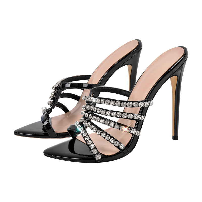 Rhinestone Pointed Toe Strap Stiletto Sandals Mules