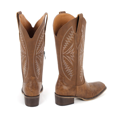 Embroidery Square Toe Split Joint Mid-Calf Western Boots